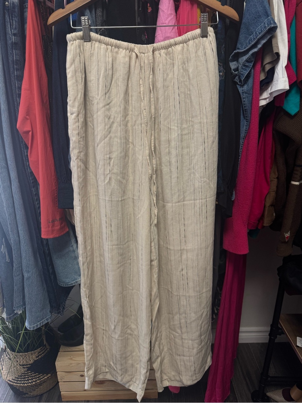 OGL Move Neutral Pinstripe Linen Blend Wide Leg Pants with Built-in Shorts